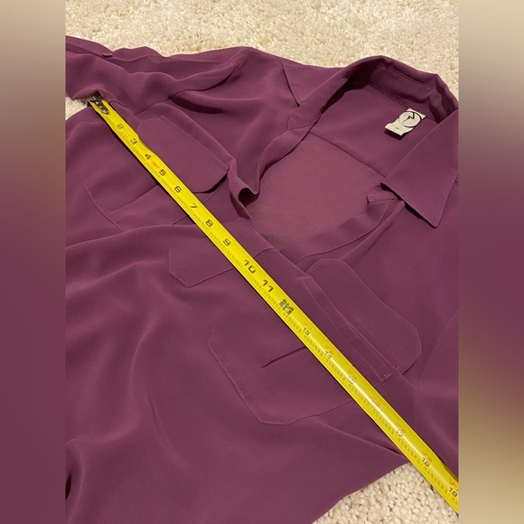 PURPLE LONG SLEEVE COLLARED VNECK MESH SEE THROUGH BLOUSE BUTTON ROLL UP CUFFS - Picture 12 of 13